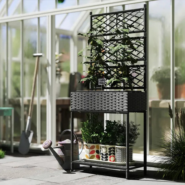 Outdoor Wicker Planter with Trellis for Climbing Plants, Freestanding Rattan Garden Box with Storage Shelf, Black - product image 8