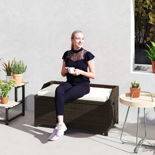 Outsunny Outdoor Wicker Storage Bench with Storage and Cushion, Cream White - product image 2