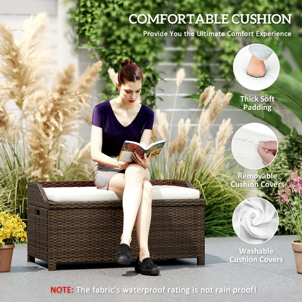 Outsunny Outdoor Wicker Storage Bench with Storage and Cushion, Cream White - product image 7