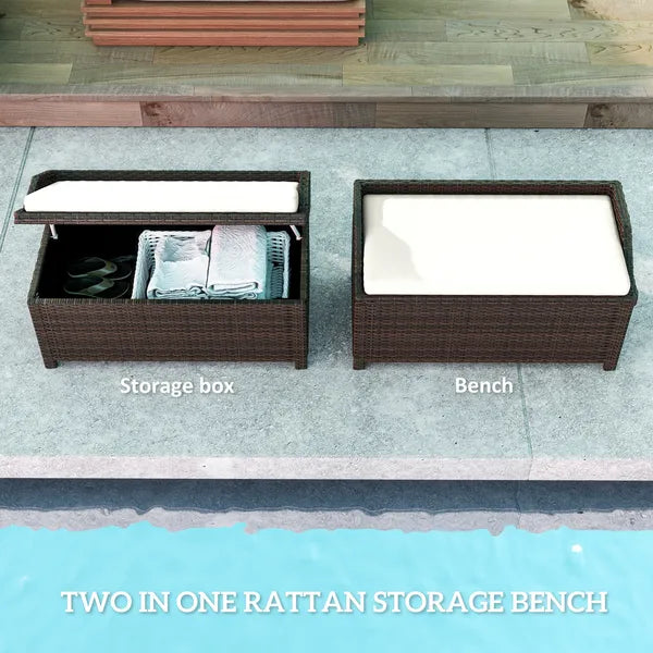 Outsunny Outdoor Wicker Storage Bench with Storage and Cushion, Cream White - product image 4