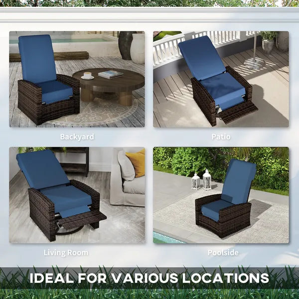 Outsunny Outdoor Wicker Swivel Recliner Chair, Lifting Footrest, 360 Degree Rotating Basic, Water-resistant Cushions, Dark Blue - product image 7