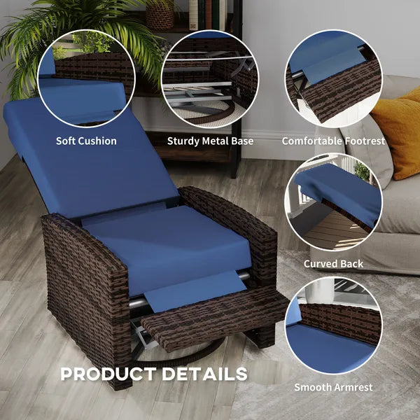 Outsunny Outdoor Wicker Swivel Recliner Chair, Lifting Footrest, 360 Degree Rotating Basic, Water-resistant Cushions, Dark Blue - product image 6