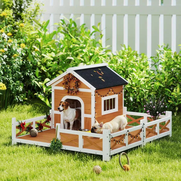 Outdoor Wooden Dog House, Dog Shelter with Large Porch, Weatherproof and Openable Roof, Elevated Base, Removable Floor - product image 10