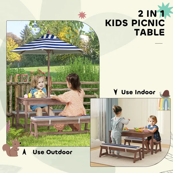 Qaba Outdoor Wooden Kids Picnic Table and Bench Set with Cushions and Umbrella, for Patio, Garden, Navy Blue - product image 6