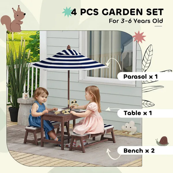 Qaba Outdoor Wooden Kids Picnic Table and Bench Set with Cushions and Umbrella, for Patio, Garden, Navy Blue - product image 4