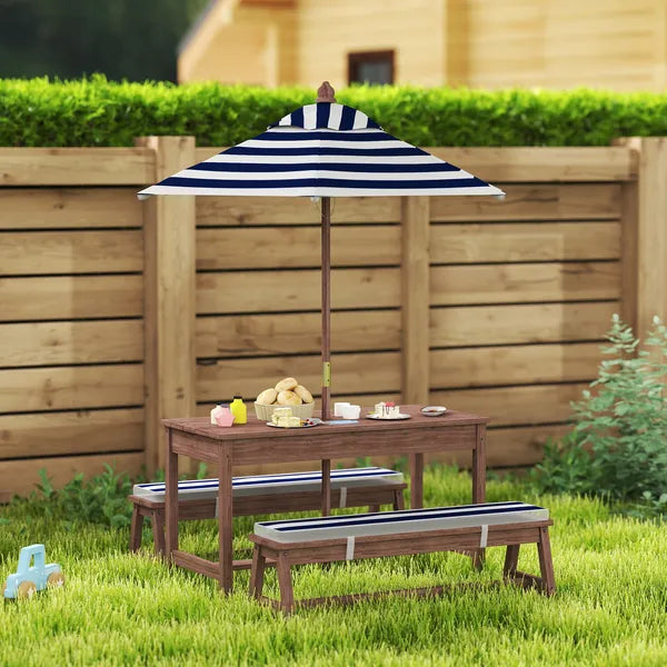 Qaba Outdoor Wooden Kids Picnic Table and Bench Set with Cushions and Umbrella, for Patio, Garden, Navy Blue - product image 2