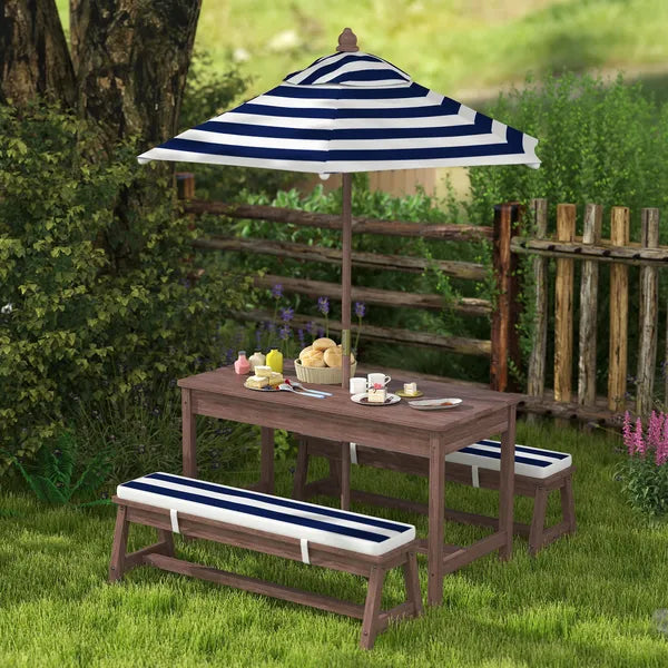 Qaba Outdoor Wooden Kids Picnic Table and Bench Set with Cushions and Umbrella, for Patio, Garden, Navy Blue - product image 10