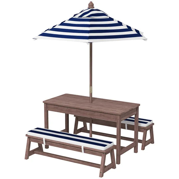 Qaba Outdoor Wooden Kids Picnic Table and Bench Set with Cushions and Umbrella, for Patio, Garden, Navy Blue - product image 1