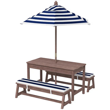 Qaba Outdoor Wooden Kids Picnic Table and Bench Set with Cushions and Umbrella, for Patio, Garden, Navy Blue - product image 1