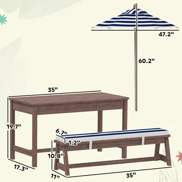 Qaba Outdoor Wooden Kids Picnic Table and Bench Set with Cushions and Umbrella, for Patio, Garden, Navy Blue - product image 3