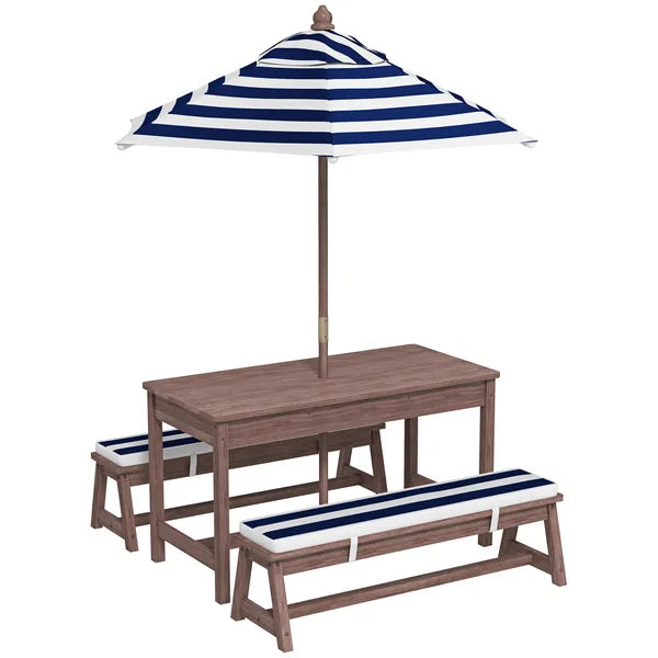Qaba Outdoor Wooden Kids Picnic Table and Bench Set with Cushions and Umbrella, for Patio, Garden, Navy Blue - product image 12