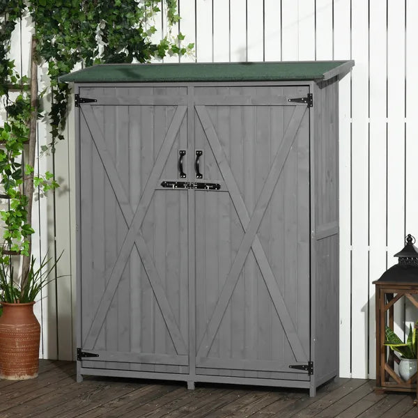 Outdoor Wooden Storage Cabinet Garden Shed Utility Tool Organizer Waterproof Asphalt Roof Lockable Doors 3 Shelves Grey - product image 2