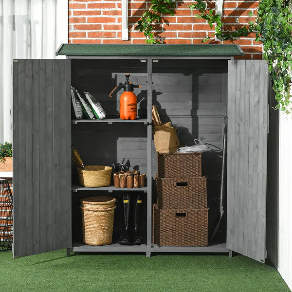 Outdoor Wooden Storage Cabinet Garden Shed Utility Tool Organizer Waterproof Asphalt Roof Lockable Doors 3 Shelves Grey - product image 10
