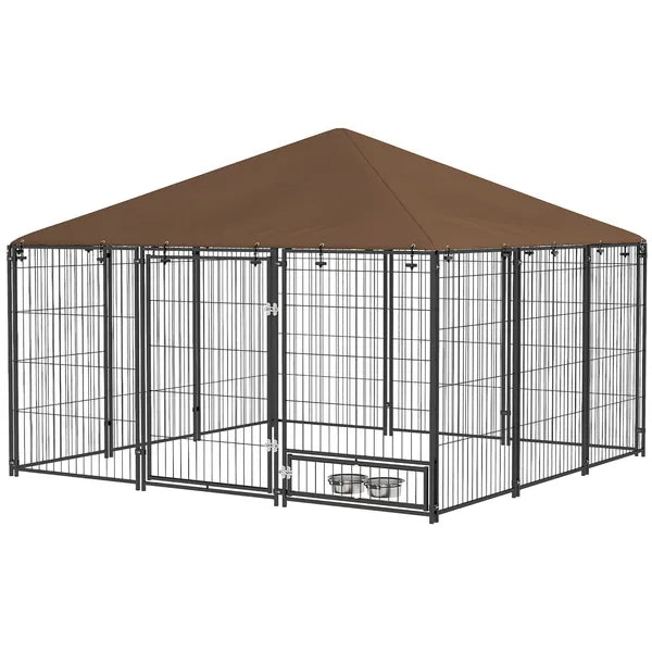 PawHut Outside Dog Kennel, 6.9' x 4.6' x 5' Puppy Play Pen with Canopy, Garden Playpen Fence Crate with Rotating Bowl, Black - product image 1