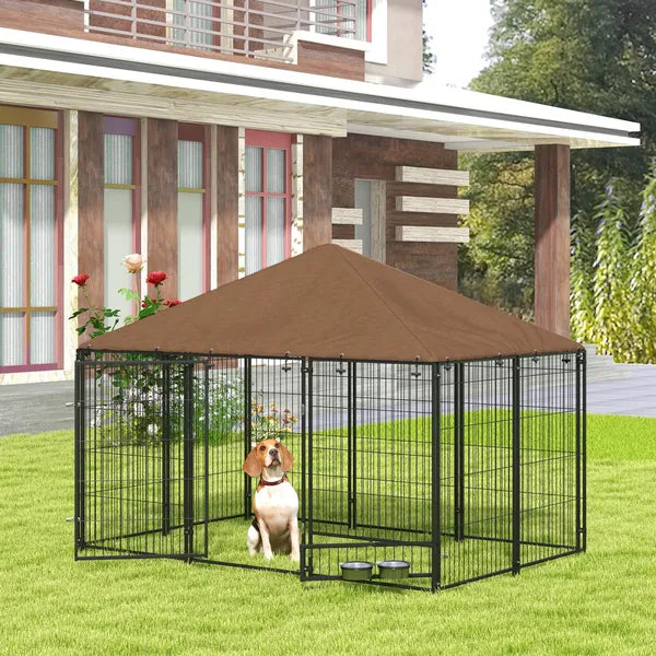 PawHut Outside Dog Kennel, 6.9' x 4.6' x 5' Puppy Play Pen with Canopy, Garden Playpen Fence Crate with Rotating Bowl, Black - product image 2