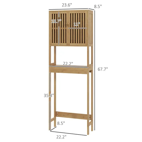 HOMCOM Over the Toilet Cabinet, Bamboo Bathroom Above Toilet Storage with Slatted Doors and Adjustable Shelf, Natural - product image 3