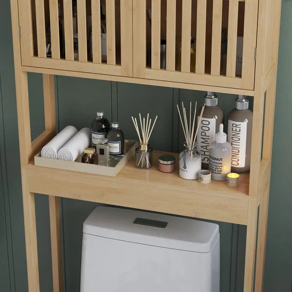 HOMCOM Over the Toilet Cabinet, Bamboo Bathroom Above Toilet Storage with Slatted Doors and Adjustable Shelf, Natural - product image 9
