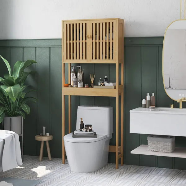 HOMCOM Over the Toilet Cabinet, Bamboo Bathroom Above Toilet Storage with Slatted Doors and Adjustable Shelf, Natural - product image 10