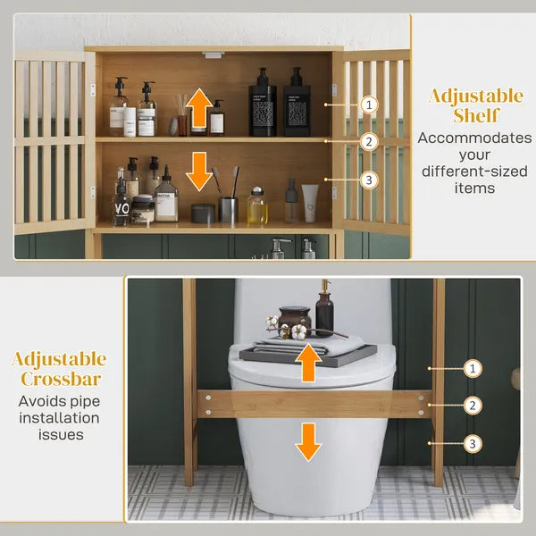 HOMCOM Over the Toilet Cabinet, Bamboo Bathroom Above Toilet Storage with Slatted Doors and Adjustable Shelf, Natural - product image 7