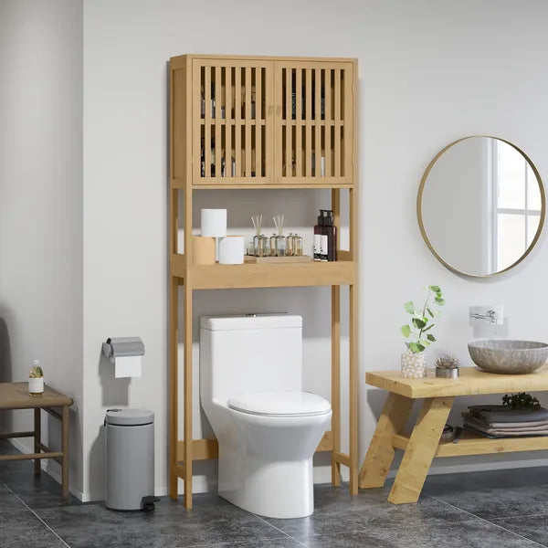HOMCOM Over the Toilet Cabinet, Bamboo Bathroom Above Toilet Storage with Slatted Doors and Adjustable Shelf, Natural - product image 2