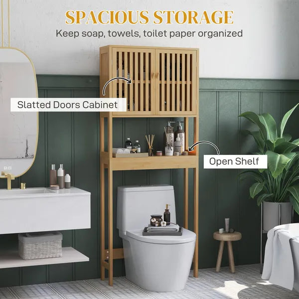 HOMCOM Over the Toilet Cabinet, Bamboo Bathroom Above Toilet Storage with Slatted Doors and Adjustable Shelf, Natural - product image 4