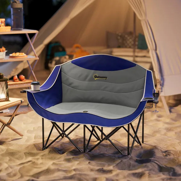 2 Person Padded Folding Camping Chair with Cup Holders and Carry Bag, Blue - product image 2