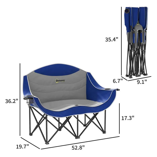2 Person Padded Folding Camping Chair with Cup Holders and Carry Bag, Blue - product image 3