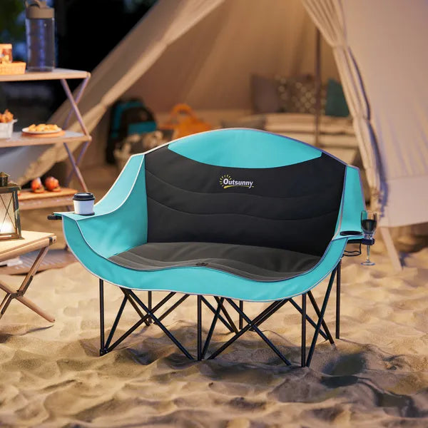 Outsunny Padded Folding Camp Chair for Adults, Double Camping Chairwith Armrests, Cup Holders, Carry Bag for Outdoor, Green - product image 2