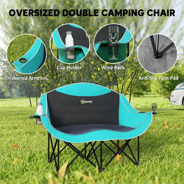 Outsunny Padded Folding Camp Chair for Adults, Double Camping Chairwith Armrests, Cup Holders, Carry Bag for Outdoor, Green - product image 4