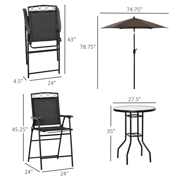 Outsunny Patio Bar Set 4 Piece Black for 2 Adjustable Tilt Umbrella Folding Chairs Glass Table - product image 3