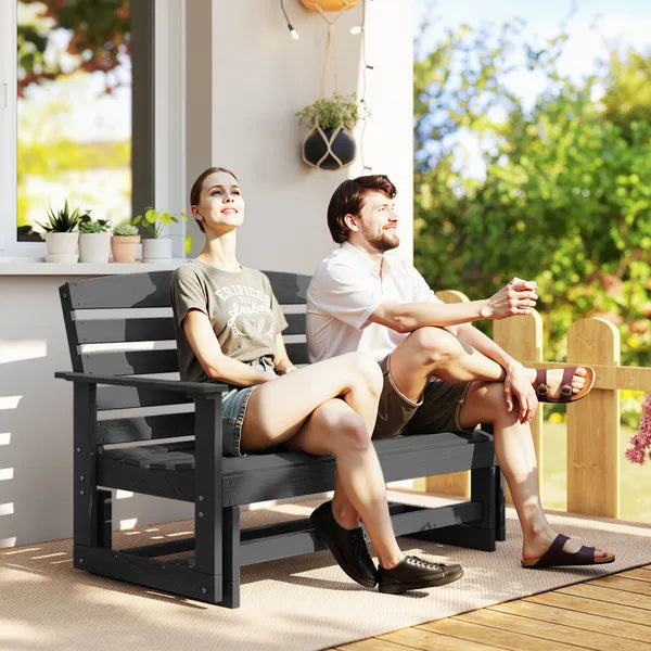 Outsunny Patio Glider Bench with HDPE Slatted Double Rocking Chair, Distressed Black - product image 2