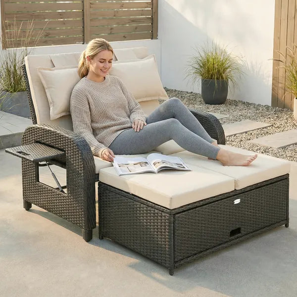 Patio Rattan Daybed, Wicker Outdoor Daybed with Storage Ottoman, Loveseat with Adjustable Backrest, Side Tables, Beige - product image 2