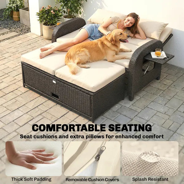 Patio Rattan Daybed, Wicker Outdoor Daybed with Storage Ottoman, Loveseat with Adjustable Backrest, Side Tables, Beige - product image 6