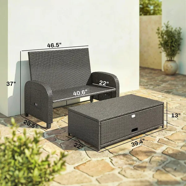 Patio Rattan Daybed, Wicker Outdoor Daybed with Storage Ottoman, Loveseat with Adjustable Backrest, Side Tables, Beige - product image 3