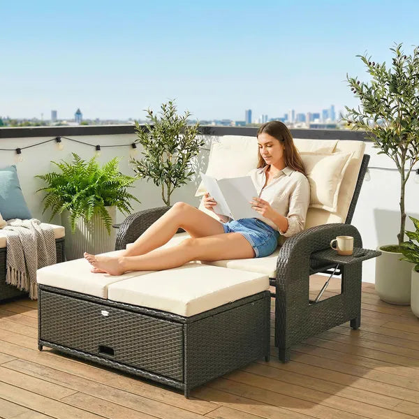 Patio Rattan Daybed, Wicker Outdoor Daybed with Storage Ottoman, Loveseat with Adjustable Backrest, Side Tables, Beige - product image 10