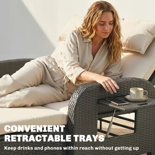 Patio Rattan Daybed, Wicker Outdoor Daybed with Storage Ottoman, Loveseat with Adjustable Backrest, Side Tables, Beige - product image 9