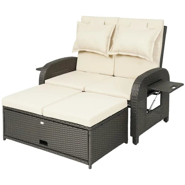 Patio Rattan Daybed, Wicker Outdoor Daybed with Storage Ottoman, Loveseat with Adjustable Backrest, Side Tables, Beige - product image 1