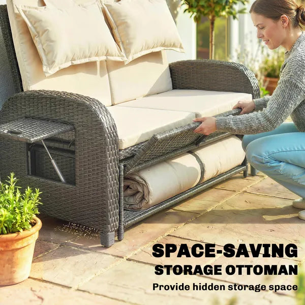 Patio Rattan Daybed, Wicker Outdoor Daybed with Storage Ottoman, Loveseat with Adjustable Backrest, Side Tables, Beige - product image 8