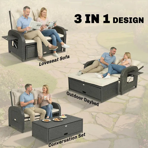Patio Rattan Daybed, Wicker Outdoor Daybed with Storage Ottoman, Loveseat with Adjustable Backrest, Side Tables, Beige - product image 4