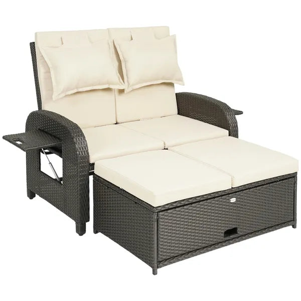 Patio Rattan Daybed, Wicker Outdoor Daybed with Storage Ottoman, Loveseat with Adjustable Backrest, Side Tables, Beige - product image 11