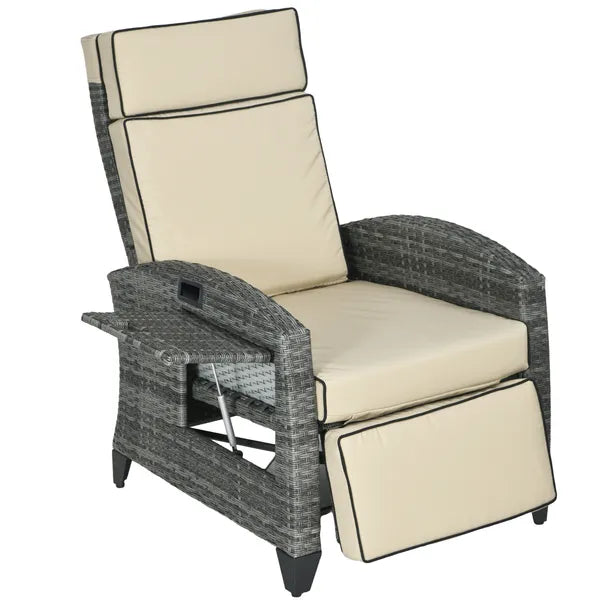 Patio Recliner Chair, Adjustable Backrest, Cushion, Side Tray, Comfortable Outdoor Seating, Khaki - product image 1
