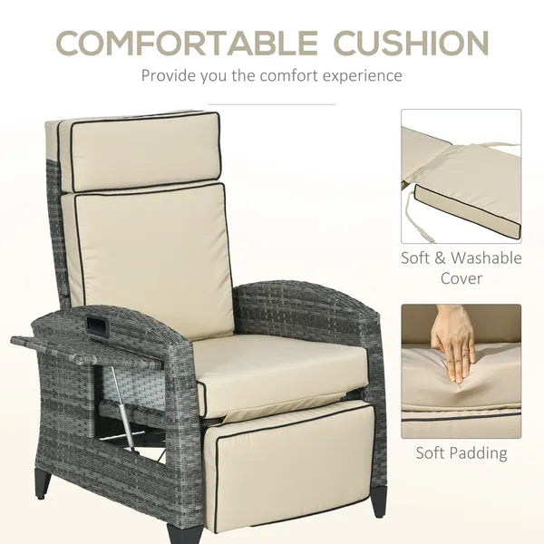 Patio Recliner Chair, Adjustable Backrest, Cushion, Side Tray, Comfortable Outdoor Seating, Khaki - product image 7
