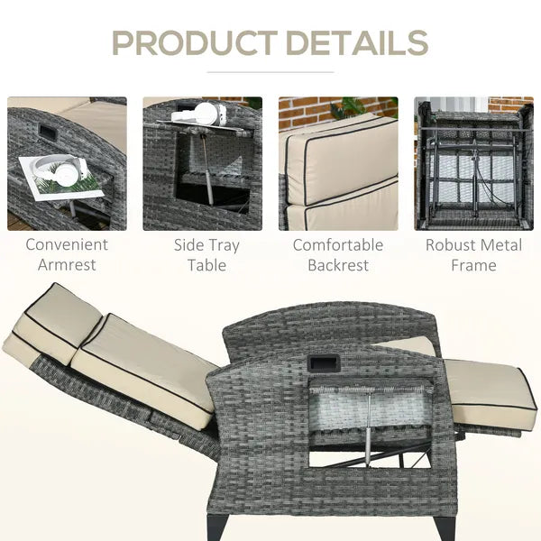 Patio Recliner Chair, Adjustable Backrest, Cushion, Side Tray, Comfortable Outdoor Seating, Khaki - product image 6