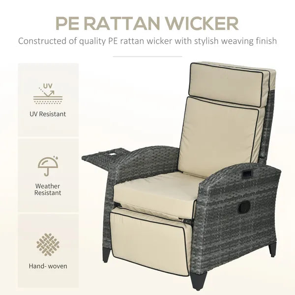 Patio Recliner Chair, Adjustable Backrest, Cushion, Side Tray, Comfortable Outdoor Seating, Khaki - product image 5