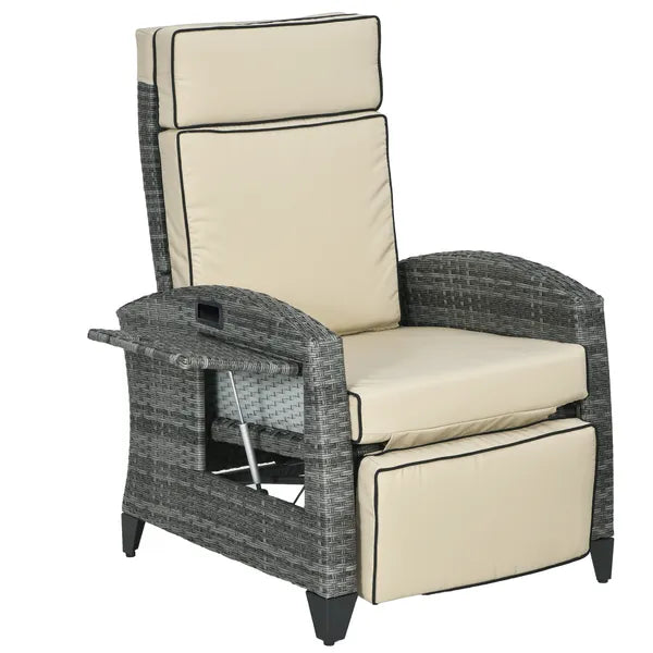 Patio Recliner Chair, Adjustable Backrest, Cushion, Side Tray, Comfortable Outdoor Seating, Khaki - product image 11