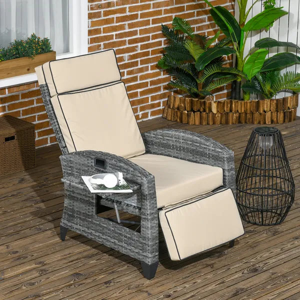 Patio Recliner Chair, Adjustable Backrest, Cushion, Side Tray, Comfortable Outdoor Seating, Khaki - product image 10