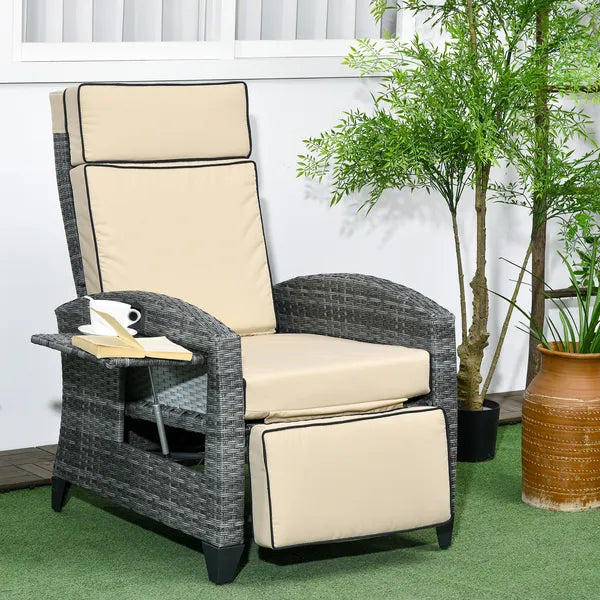 Patio Recliner Chair, Adjustable Backrest, Cushion, Side Tray, Comfortable Outdoor Seating, Khaki - product image 2