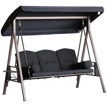 Outsunny Patio Swing 3-Person Steel Canopy Bench with Side Trays Padded Comfort in Black - product image 1