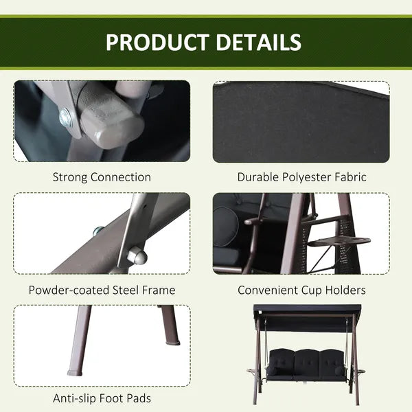 Outsunny Patio Swing 3-Person Steel Canopy Bench with Side Trays Padded Comfort in Black - product image 5