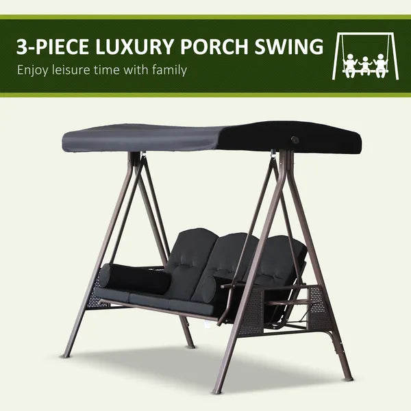Outsunny Patio Swing 3-Person Steel Canopy Bench with Side Trays Padded Comfort in Black - product image 7